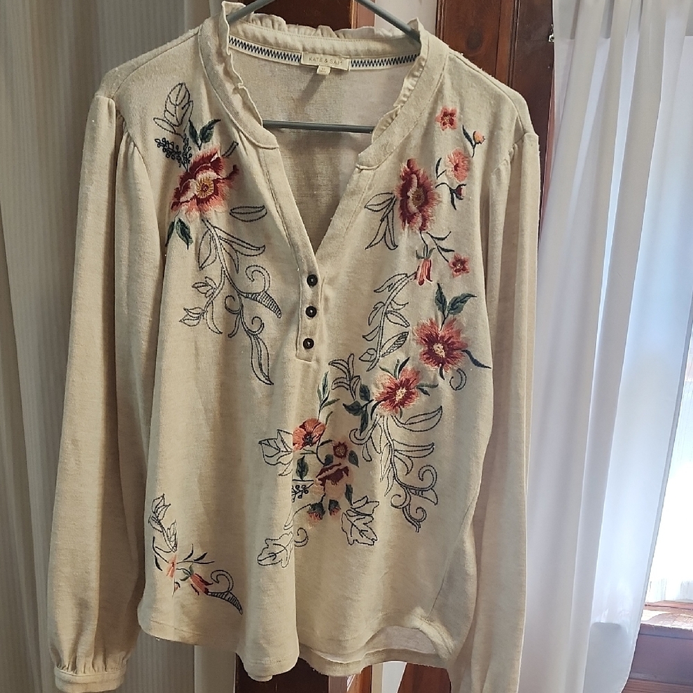 Cream and Pink Long Sleeve Embellished Blouse